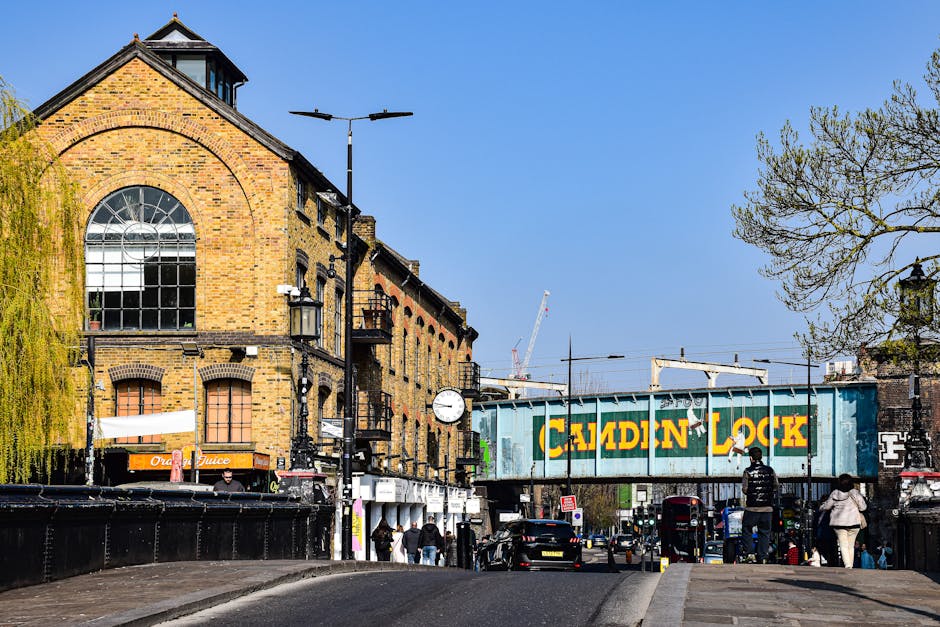 A street scene near Bromley South Station in Bromley shows a large, historic brick building on the left with a prominent, arched window, black metal lampposts, and a clock mounted on a pole. In the foreground, pedestrians walk along the pavement, some carrying bags or pushing strollers. A busy road with black cars and buses runs through the scene, with a large blue railway bridge spanning across it, marked with the signage 'Calden Lock.' Visible behind the bridge are construction cranes and various buildings, indicating ongoing development. On the right, a leafless tree and a lamppost are present, with sunlight illuminating the scene against a clear blue sky. This urban environment captures the logistical aspect of home relocation, with vehicles and pedestrians engaged in daily activity near the train station, illustrating the typical surroundings for house removals and furniture transport services, as provided by Man and Van Bromley.