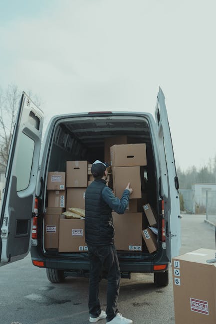 A man wearing a black quilted vest, blue long-sleeve shirt, black gloves, and a baseball cap is standing outdoors at a residential property, loading a large cardboard box wrapped with grey packing tape onto a van. The box features various handling symbols, including a fragile warning, recycling icon, and a symbol indicating careful handling. The background shows a brick wall with a dark-colored gate and a roof, with trees in the distance. The scene is set during the day under diffuse natural light, illustrating a packing and loading process involved in house removals or furniture transport, with the man from Man and Van Bromley preparing items for a home relocation.